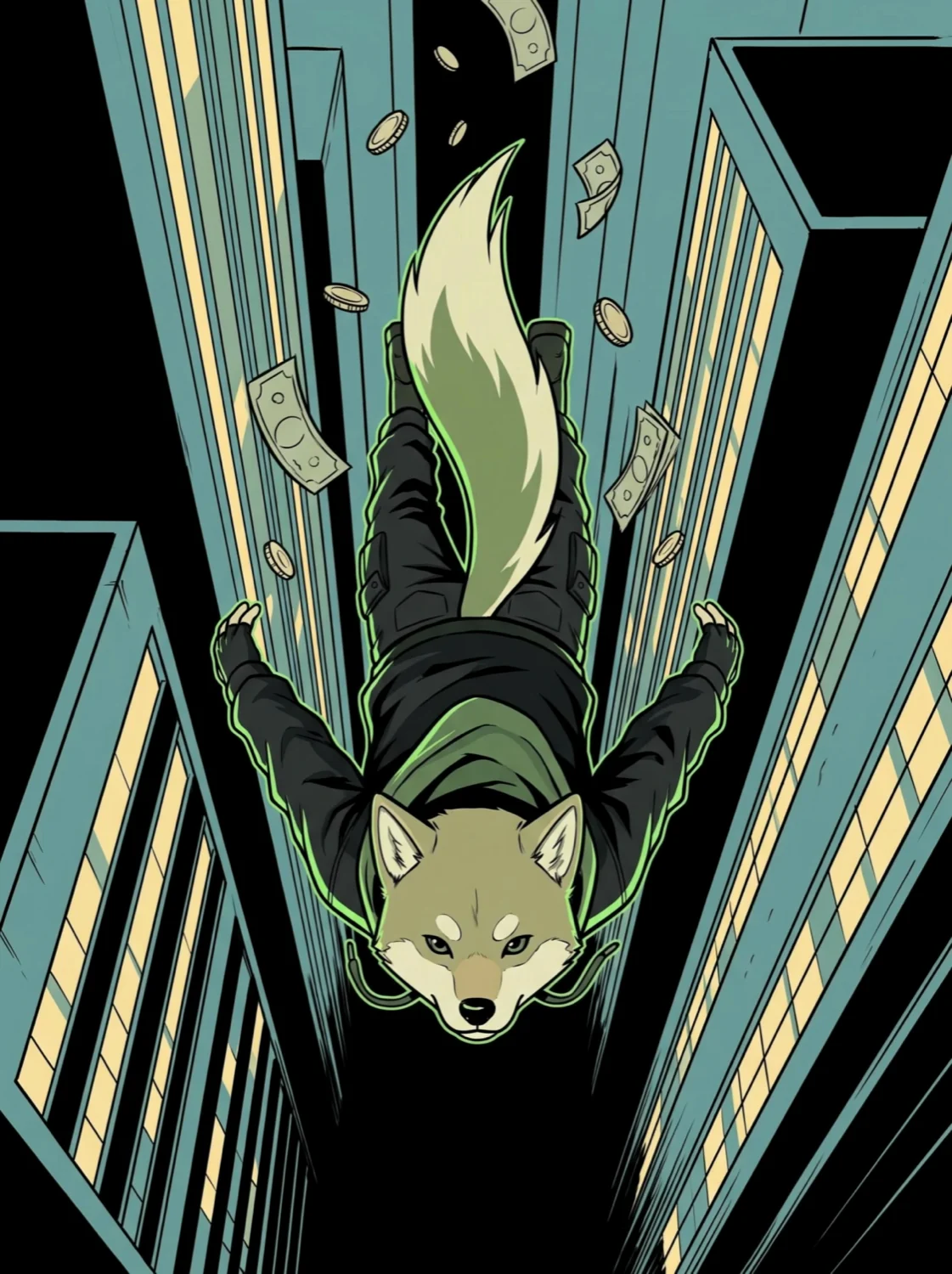 Shibinhood in freefall down a canyon of lit windows, coins and notes suspended around him